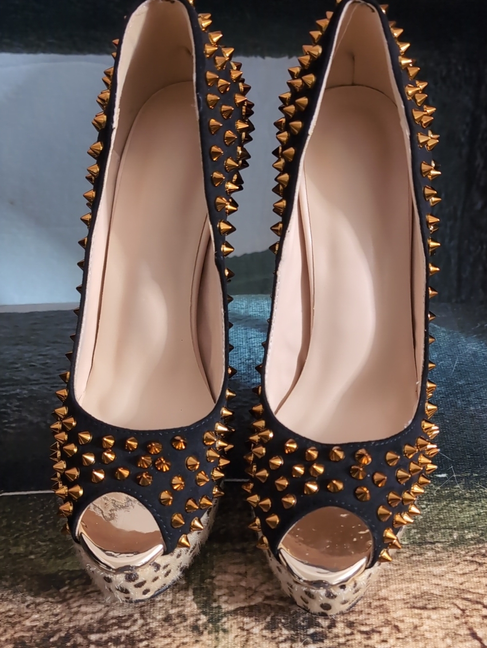 Black and Gold Studded Peep-Toe Platform Pumps